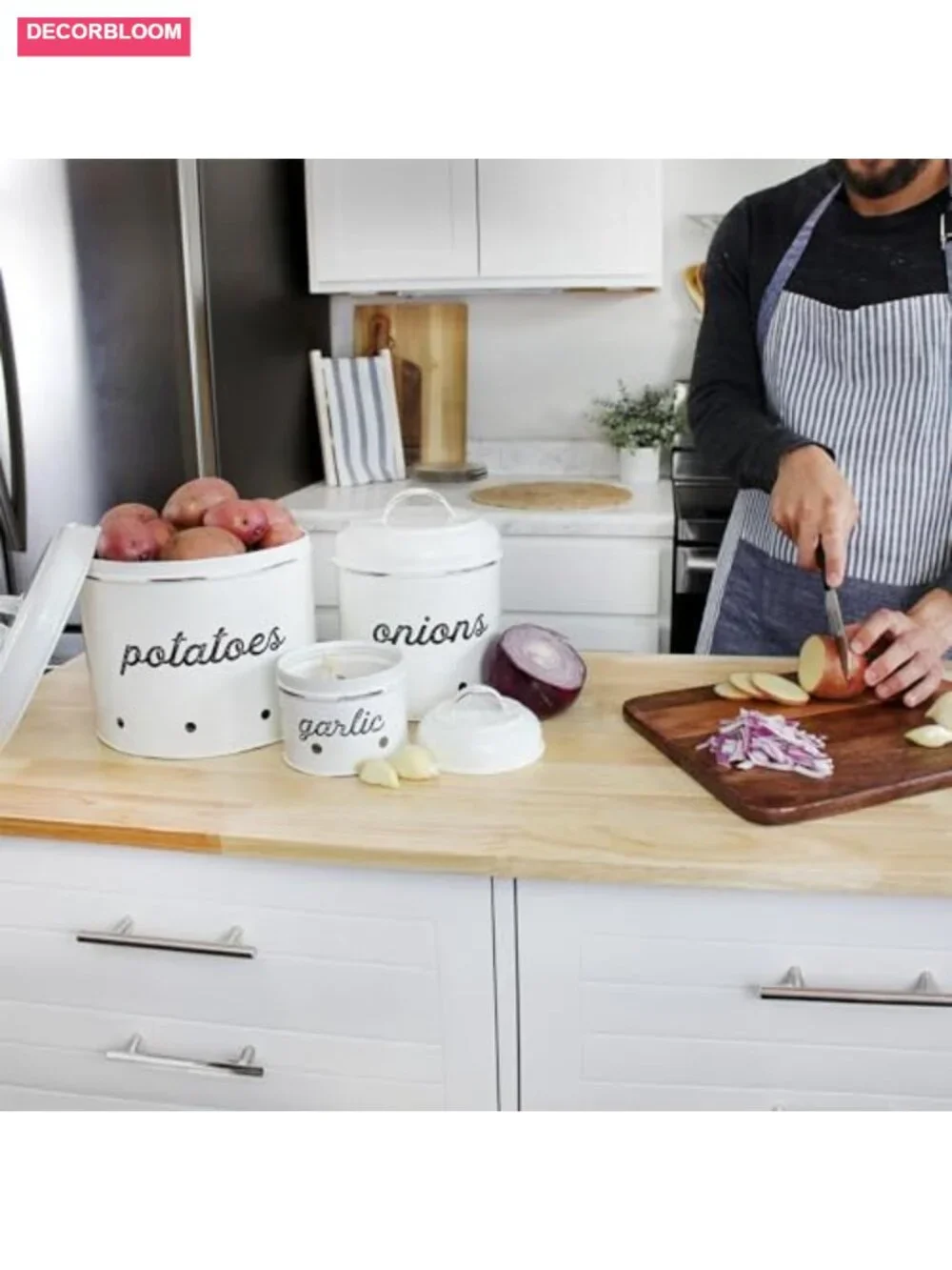 Rustic White Enamelware Potato Onion Garlic Canister Set of 3